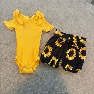 Yellow Ruffled Onesie and Sunflower Shorts Set